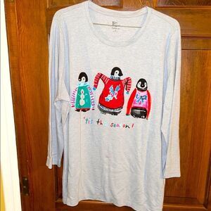 Kim Rogers Perfectly Soft Tis the Season 3/4sleeve gray Penguin Christmas top XL